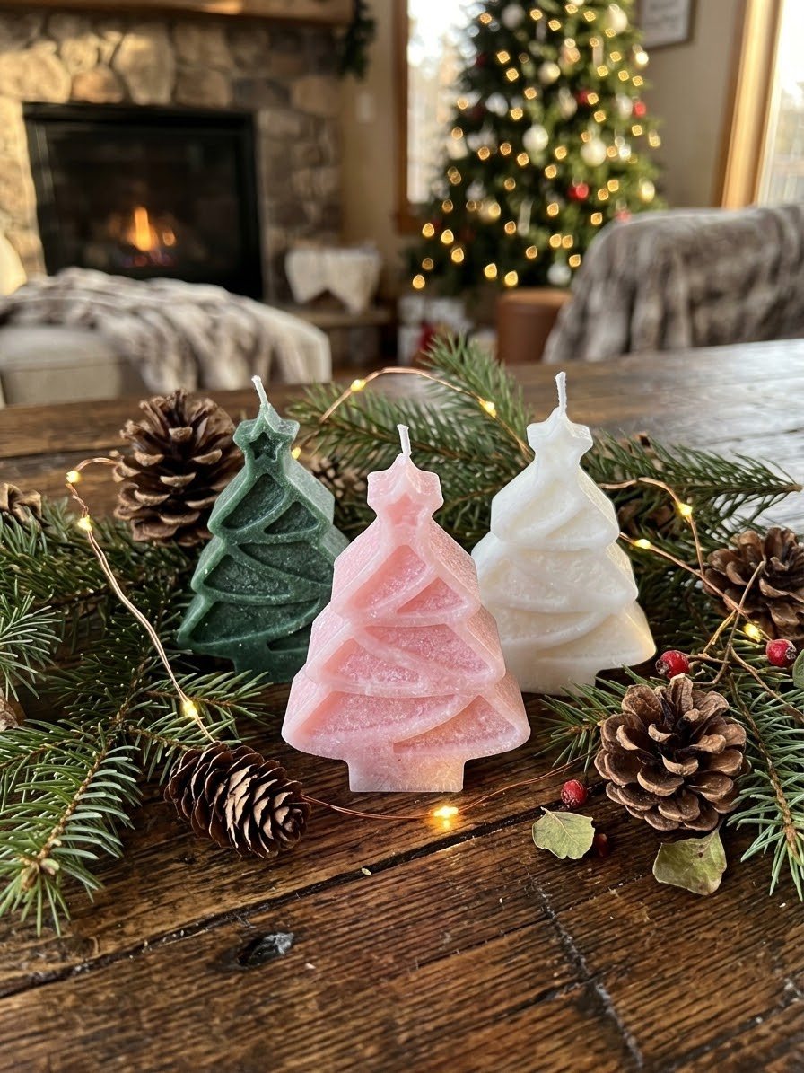 Candele a forma di albero di Natale in cera: verde, rosa e bianca