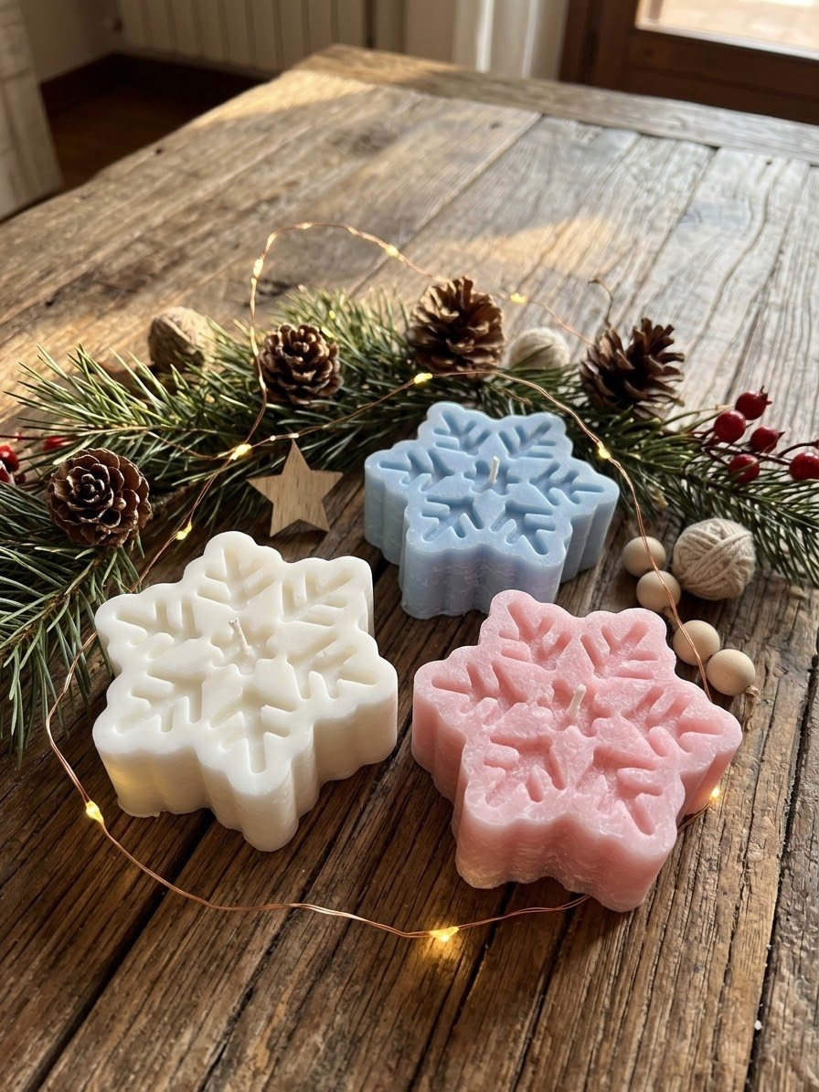Candele a forma di fiocco di neve in cera: bianca, azzurra e rosa